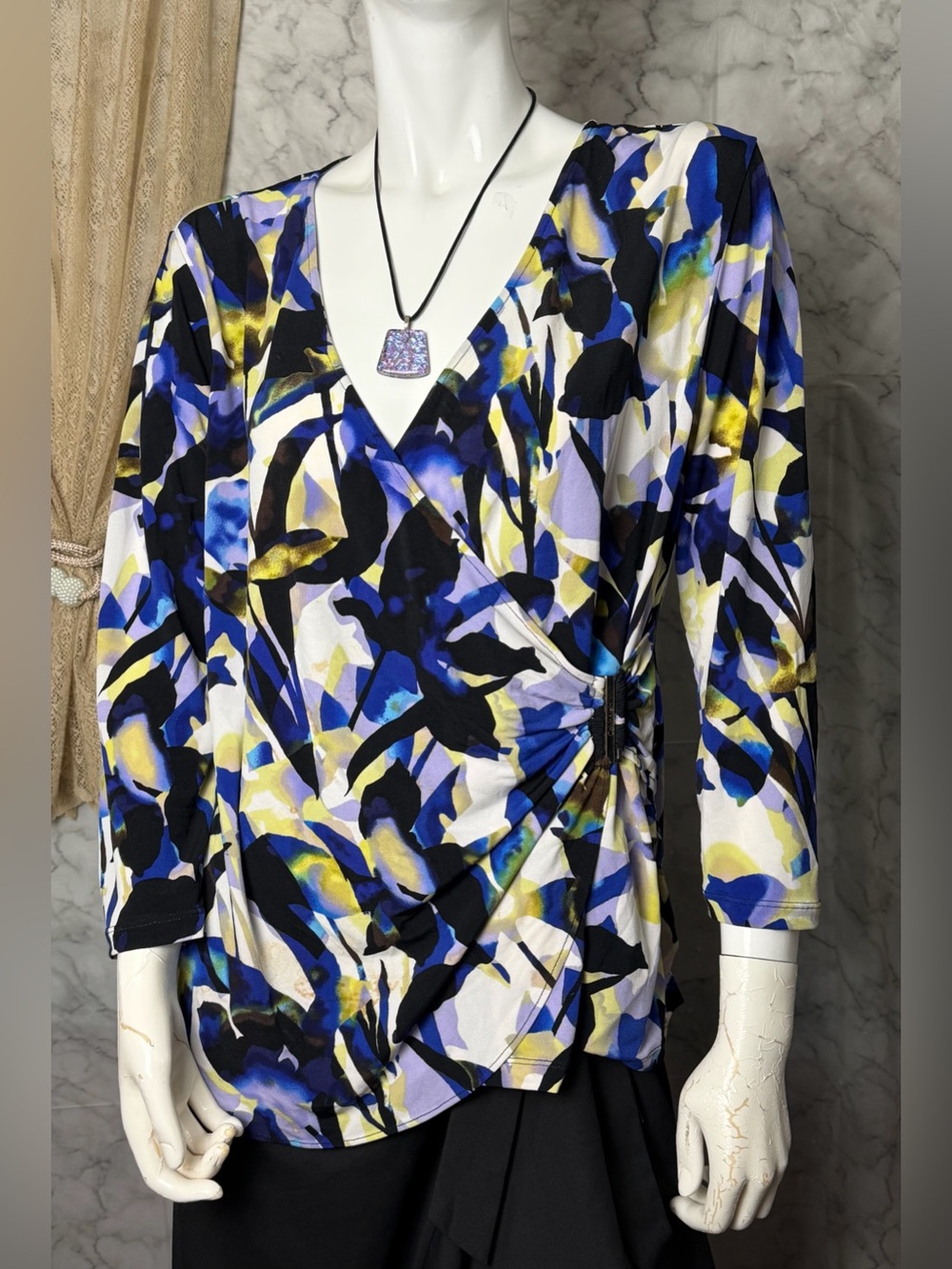 Calvin Klein Abstract Floral Faux Wrap Blouse Buckle Detail Cobalt Chartreuse M